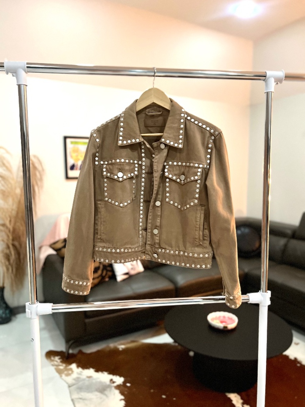 Blank NYC Tan/light-brown denim jacket with all-over silver studs. Sz Small